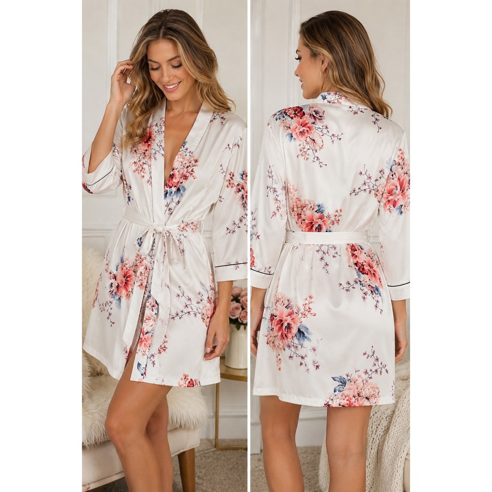 Jordan Simek x Le Rose Floral Satin Robe White Pink Blue Wrap Bridal L/XL‎